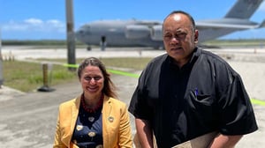 PM Hu'akavameiliku Siaosi Sovaleni and Australian High Commissioner Rachael Moore at the airport for the arrival of Australian aid to Tonga. Photo: Australia in Tonga FB