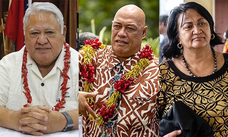 Politicians Tuilaepa Dr. Sailele Malielegaoi (left) and Lealailepule Rimoni Aiafi (middle), and lawyer Maiava Visekota Peteru (right). Photos: Samoan Government and Samoa Observer