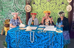 Presenter Mama Teremoana Maua-Hodges with Pukapukan representatives Kitiona Tauira, Rite Parau and Teremoana Yala.