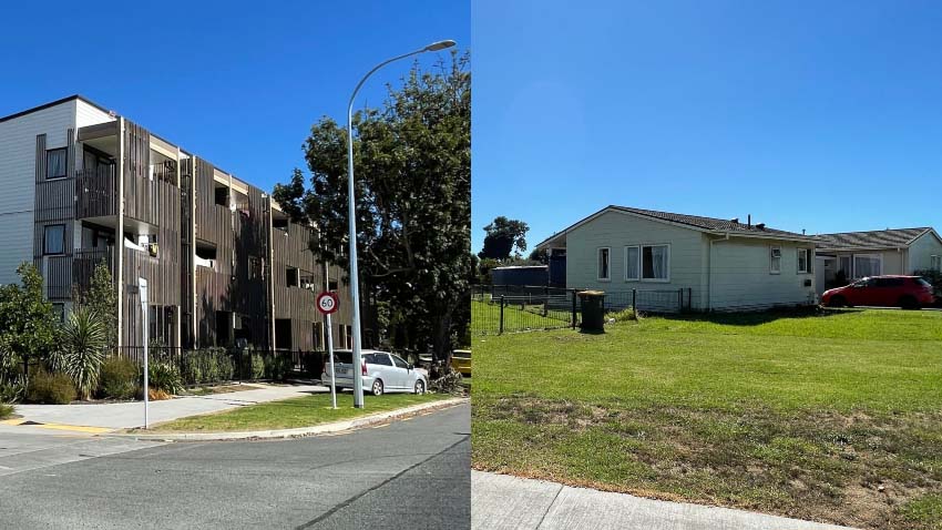 The new three-story apartment buildings, and right, the older state housing that is to be replaced by Kāinga Ora over the next 10-15 years. (Photo: Justin Latif)