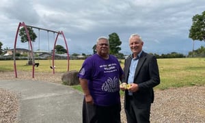Manukau ward councillor Alf Filipaina and Auckland mayor Phil Goff at a playground in Māngere East’s Sutton Park. Photo: Justin Latif