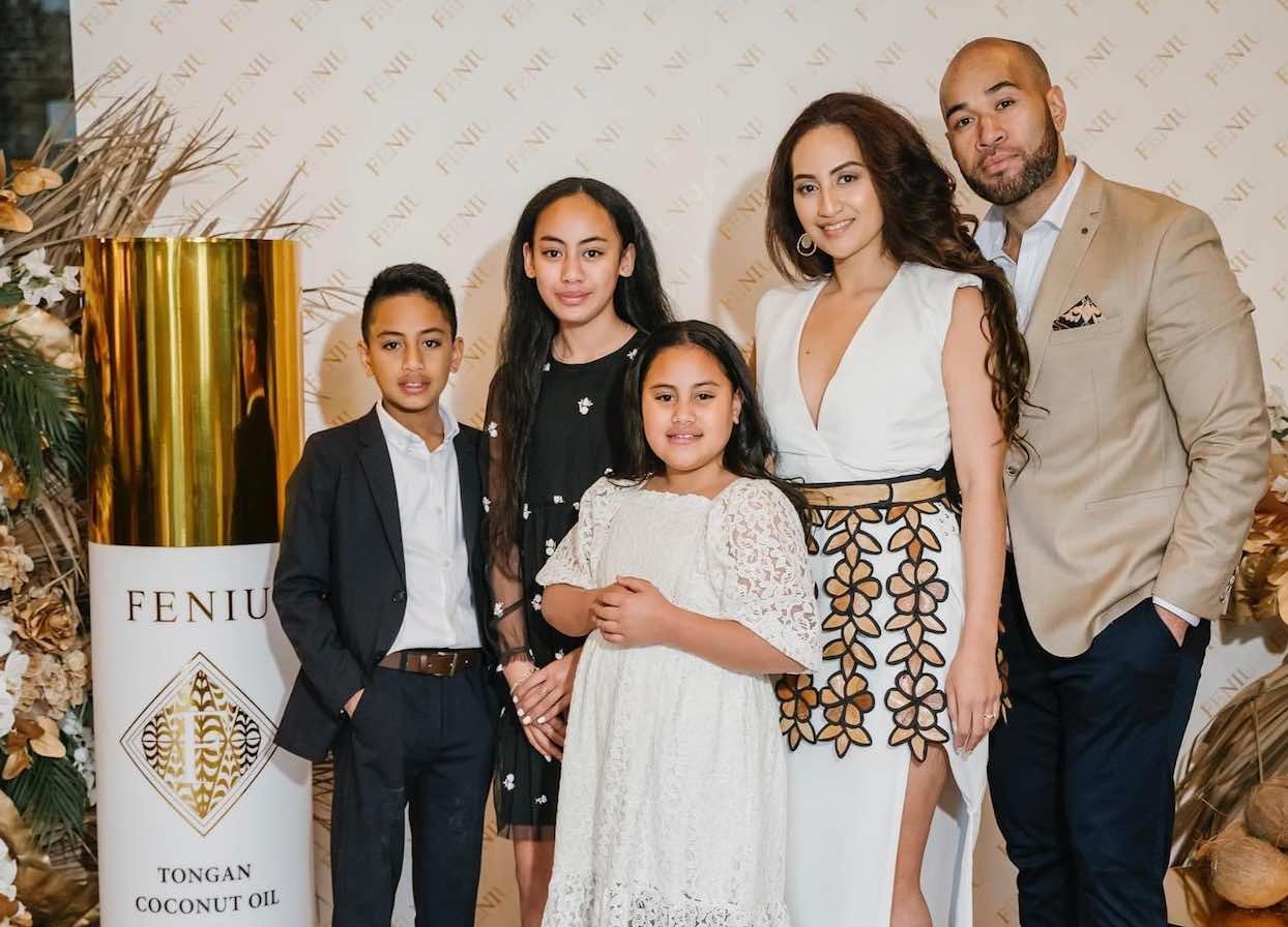 Feniu founder Mele with fiancé Opeti Manoa and their kids. Photo: Supplied
