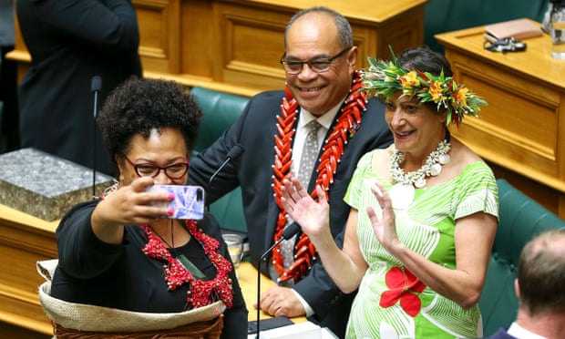 Labour MP's Anahila Kanongata'a-Suisuiki, Aupito Su'a WIlliam Sio and Poto Williams pose for a photo inside Parliament.
