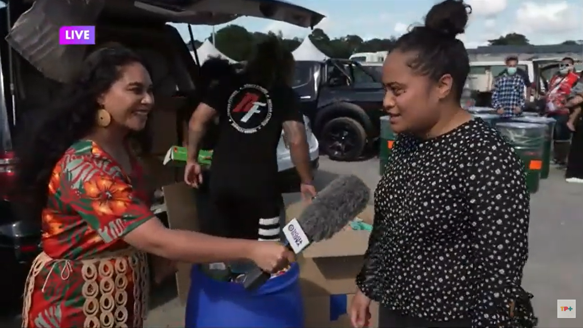Reporter Alice Lolohea speaks with Tonga woman Hinemoa Finau who queued at Mt Smart stadium from 6am on Saturday to make sure her supplies get to her family in Tonga