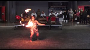 Wāhine Toa making a stamp in Siva Afi – Samoan fire knife dancing