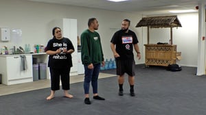 Alatini director Troy Tu'ua (pictured right) directs two actors in a scene from 'Alatini'.