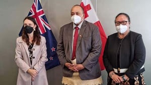 PM Hu'akavameiliku Siaosi Sovaleni (centre) and Tonga's Minister for Foreign Affairs Fekita 'Utoikamano (right) met with PM Jacinda Ardern last week before their departuer to Palau. Photo: Minister of Foreign Affairs Tonga FB