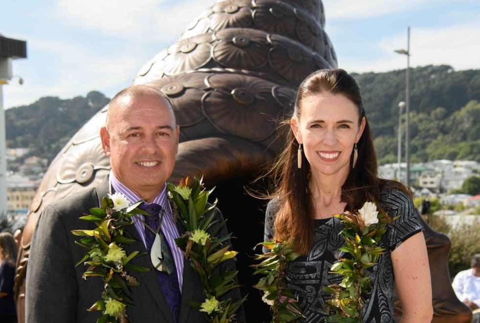 Cook Islands Prime Minister Mark Brown with NZ Prime Minister Jacinda Ardern at the Pacific Islands Memorial. Photo: Mark Tantrum for Manatū Taonga