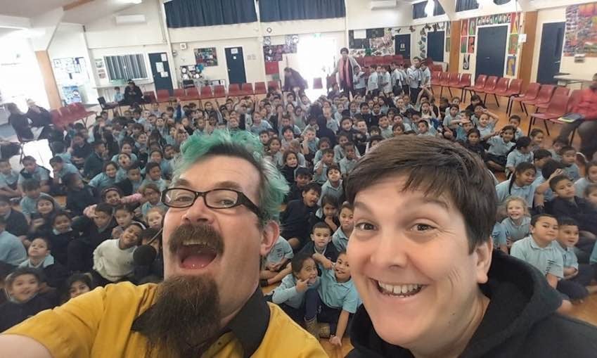 Covid has meant performing to big assemblies like this, hasn't been possible for Alan and Emily Worman. (Photo: Supplied)