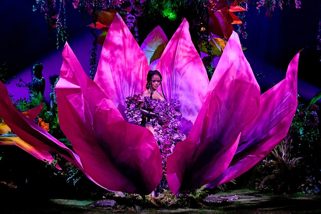 Rihanna emerges from a flower in an Emmy nominated routine. Photo: Kevin Mazur/Getty Images for Savage X Fenty Show Vol. 2)
