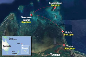 This map details Folau's journey in water, finally arriving on Tongatapu at 10pm the next day. Photo: New York Post