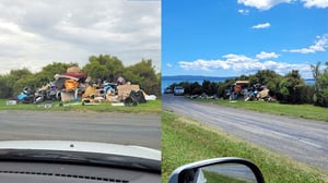 Pile of dumped rubbish at Ihumātao as high as the trees