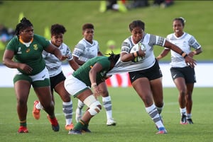 Bitila Tawake of Fiji is tackled during the Pool C Rugby World Cup 2021 match between Fiji and South Africa