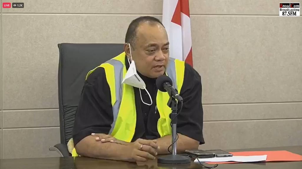 PM Hu'akavameiliku Siaosi Sovaleni shared the latest Covid update in a press conference earlier today. Photo: Broadcomfm Broadcasting.