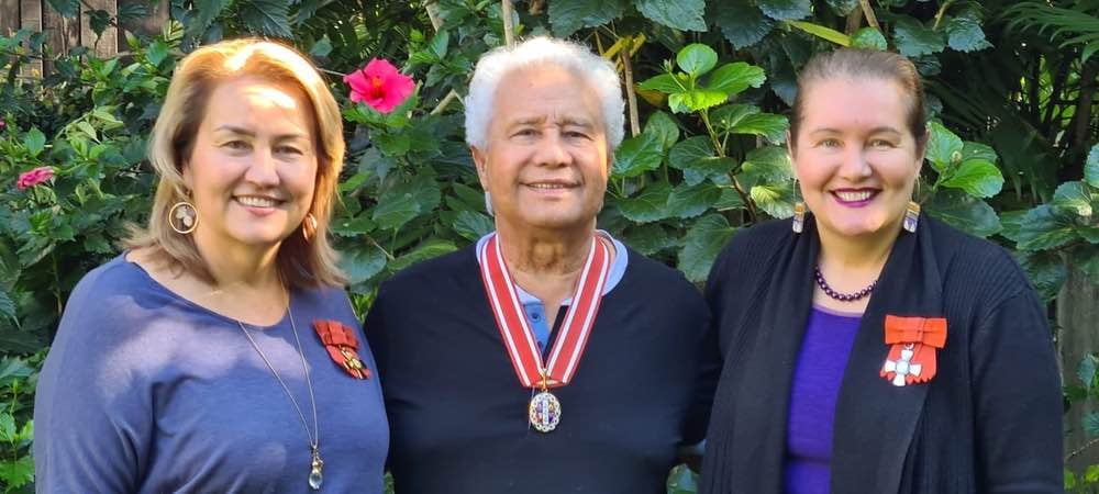 Emeritus professor, writer and artist, Maualaivao Albert Wendt (CNZM) is flanked by his daughters Sina Moana Wendt of Auckland (left) and Mele Luisa Wendt of Wellington (right),