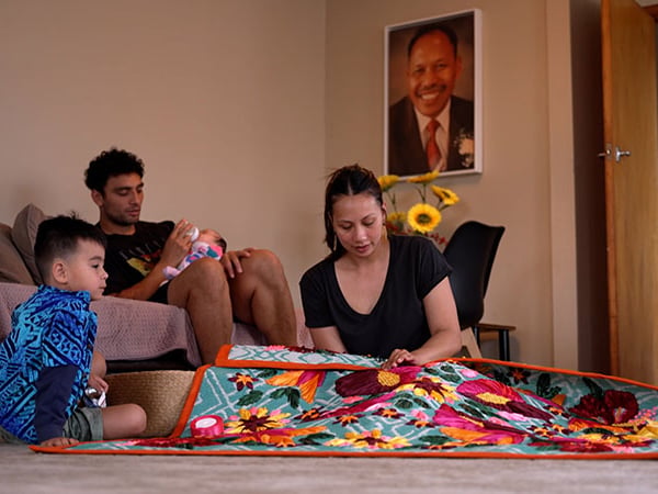 Artist Serene Hodgman adorning modern mats through a new way of weaving