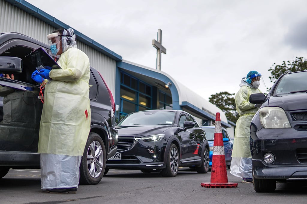 People line up at the pop-up Covid testing station at the Assembly of God church in Mangere PHOTO: South Seas