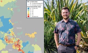 Left, a map that shows the areas (in red) with the most vulnerability to heat due to low tree numbers and, right, Auckland councillor Richard Hills (Photo: Justin Latif)