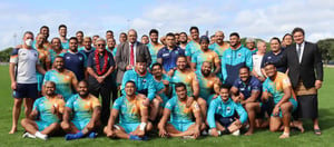 Moana Pasifika with the Tongan Prime Minister at the Moana Pasifika HQ at Mt Smart Stadium, Auckland, New Zealand on Wednesday 21 April 2022. Photo: Supplied.