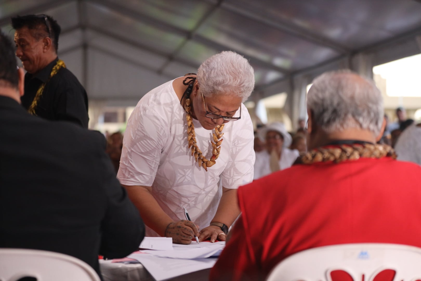 PM-elect Fiame Naomi Mata'afa at FAST's own swearing-in ceremony on Parliament grounds. Photo: Samoa Observer