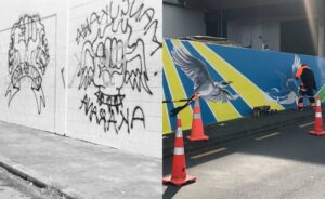 Graffiti in Māngere, September 1980, left, and a new mural being painted this year in Manurewa's Southmall. (Auckland Libraries/ Manukau Beautification Trust)