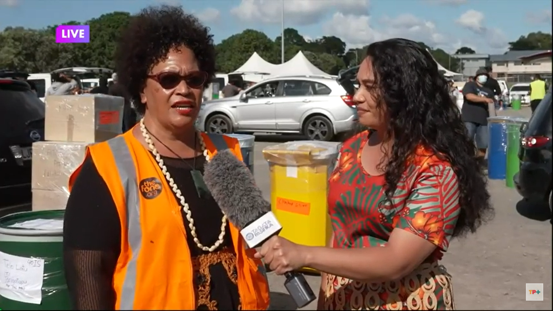 MP Anahila Kanongata'a-SuisuikiAna from the Aotearoa Tonga Relief committee spoke to Alice Lolohea at Mt Smart Stadium where containers have been set-up for relief supplies to Tonga.