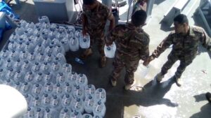 VOEA Ngahau Siliva delivered bottled water to the residents of Mango island on the day of the eruption. Photo: NEMO