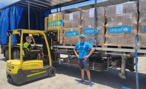 Taufatofua worked together with UNICEF and the Australian Government to send to essential aid to the Kingdom. Photo: Pita Taufatofua FB