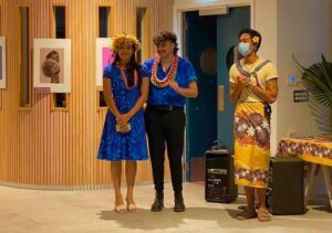 Artist Luca (right in blue) and Tai (left in blue) at the official launch of The Pasifika Showcase at Ellen Melville Centre